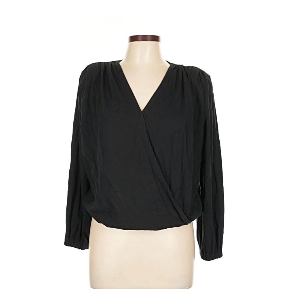 INC Elegant Black Women's Long Sleeve Blouse Wrap Top Size Large